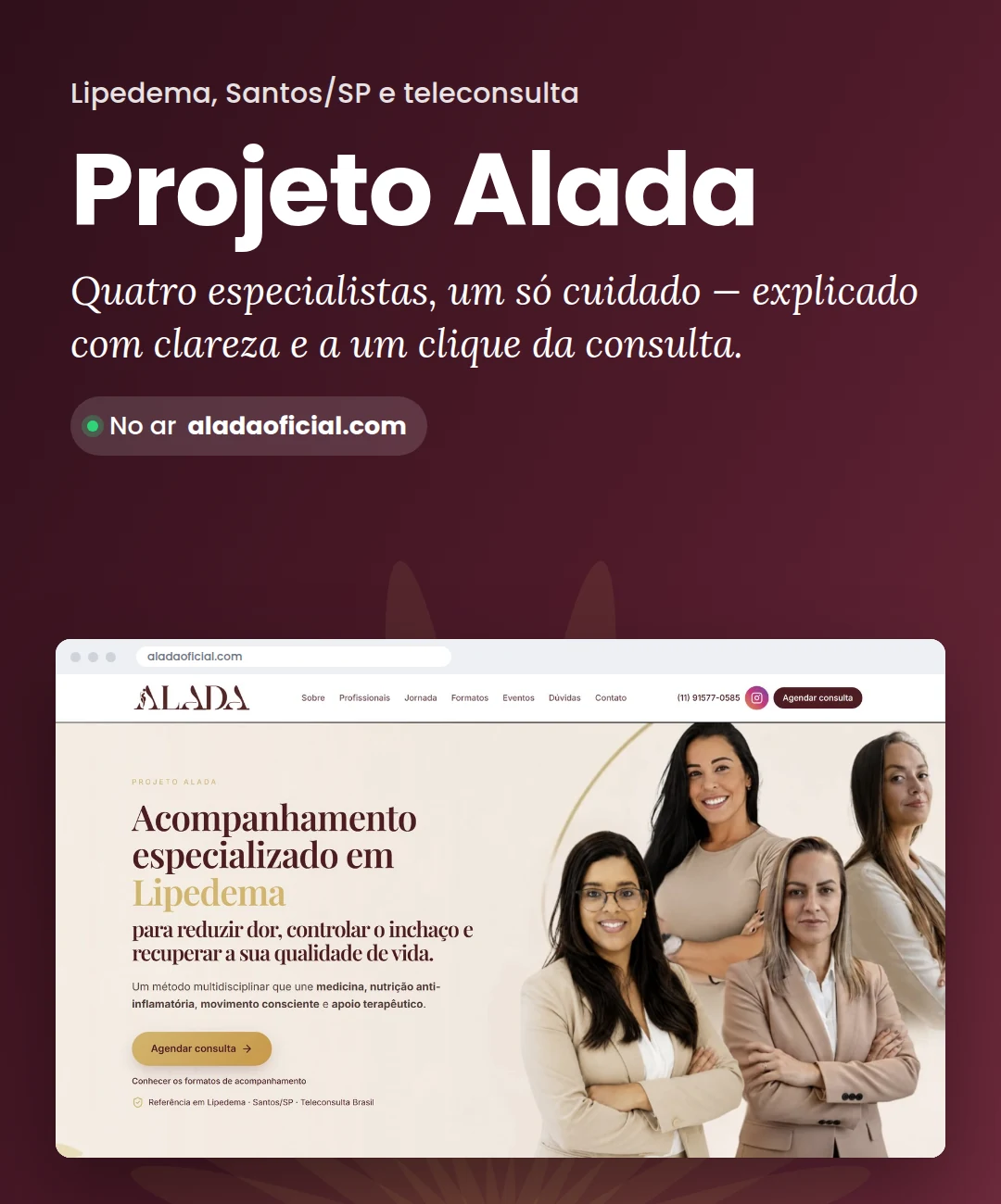 Banner do projeto Projeto Alada: site de cuidado multidisciplinar em lipedema, Santos/SP, no ar em aladaoficial.com