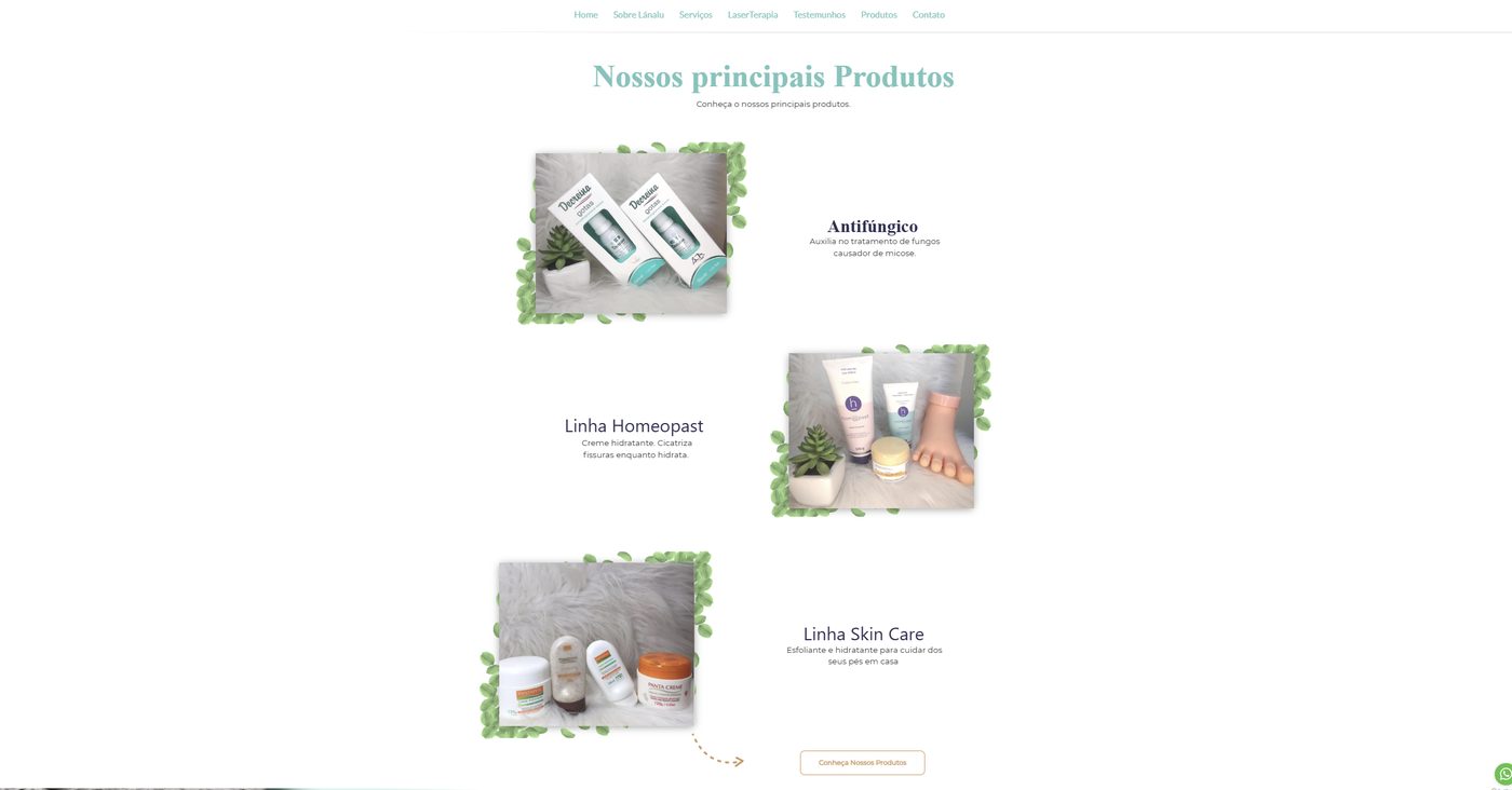Vitrine de produtos do site Lánalu Podologia